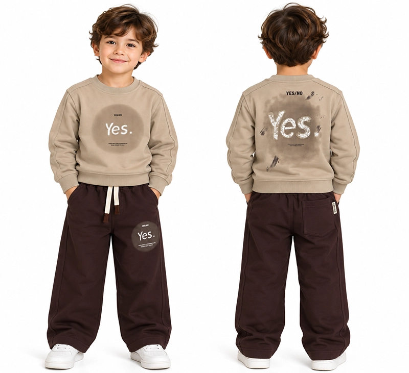 ست بلوز و شلوار 5 تا 8 سال دورس پسرانه کد 2661 طرح Yes رنگ کرم Pancho