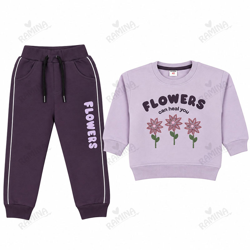 ست بلوز و شلوار دورس دخترانه 2 تا 5 سال کد 1127 طرح Flowers رنگ بنفش مبین Mobin