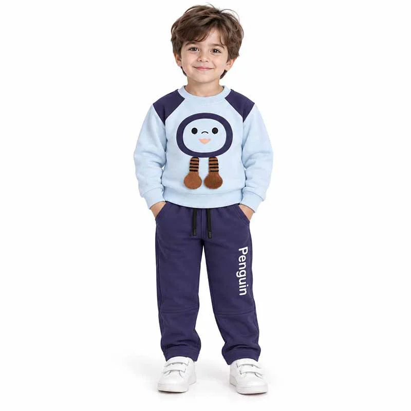 ست بلوز و شلوار دورس 1 تا 3 سال کد 1142 طرح penguin رنگ آبی مبین Mobin