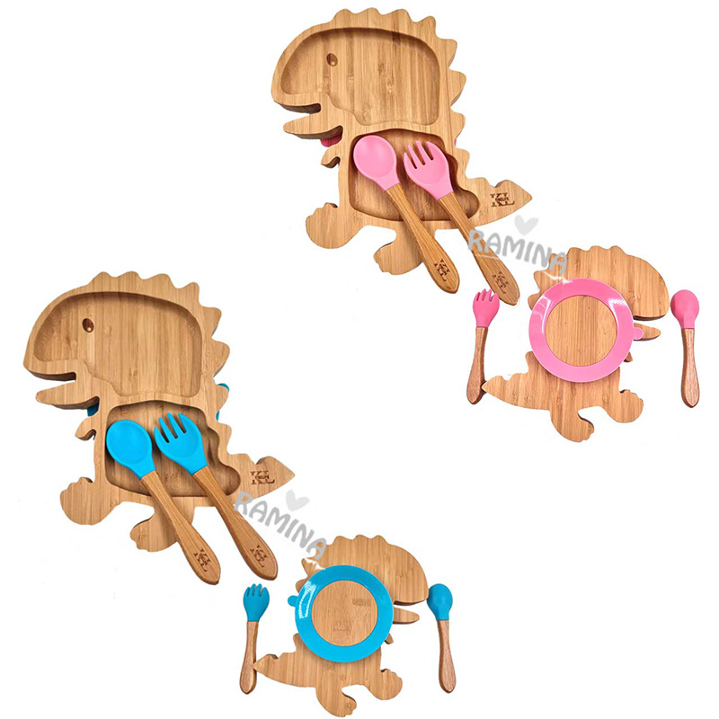 بشقاب چوبی کودک با قاشق چنگال طرح دایناسور Kids Life