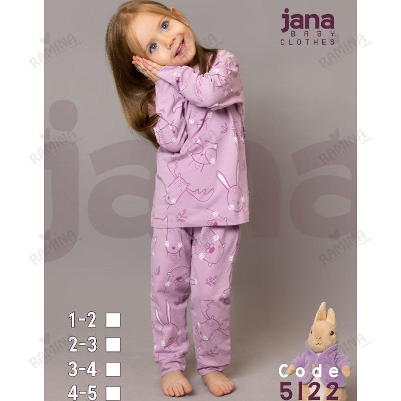 ست بلوز شلوار نخی دخترانه 1 تا 5 سال طرح حیوانات کد 5122 جانا Jana