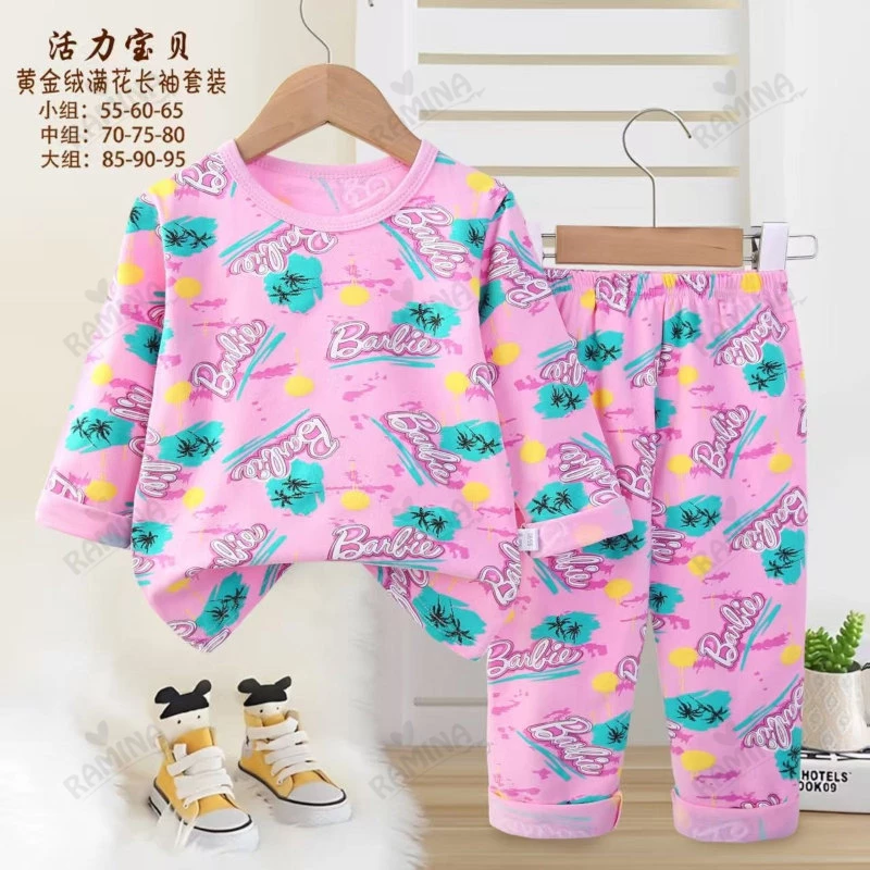 ست بلوز شلوار دخترانه نخی کودک طرح باربی Dinamic Baby