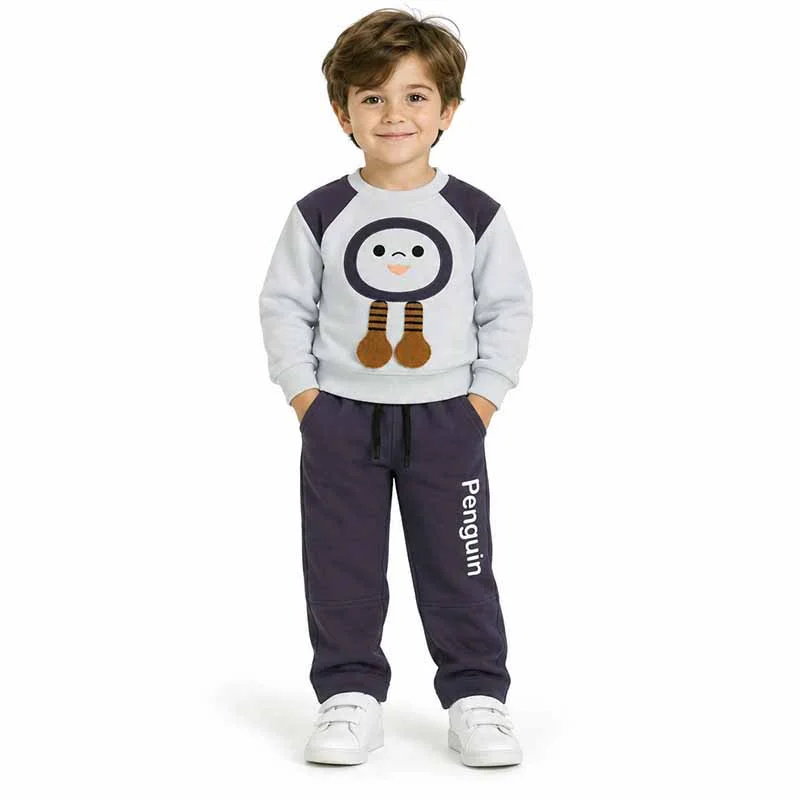 ست بلوز و شلوار دورس 1 تا 3 سال کد 1142 طرح penguin رنگ طوسی مبین Mobin