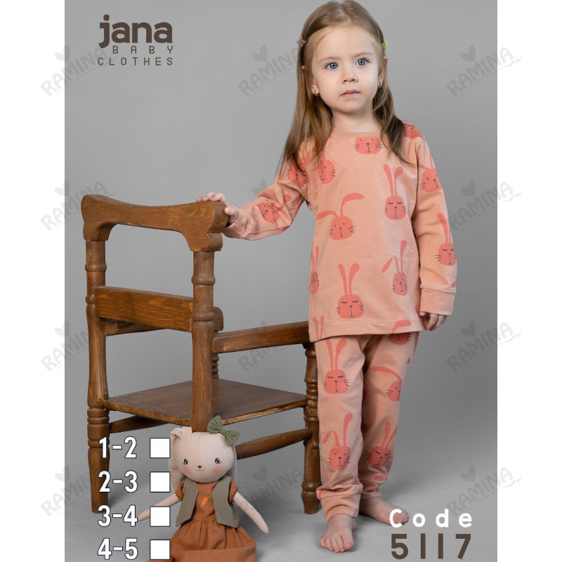 ست بلوز شلوار نخی دخترانه 1 تا 5 سال طرح خرگوش کد 5117 جانا Jana