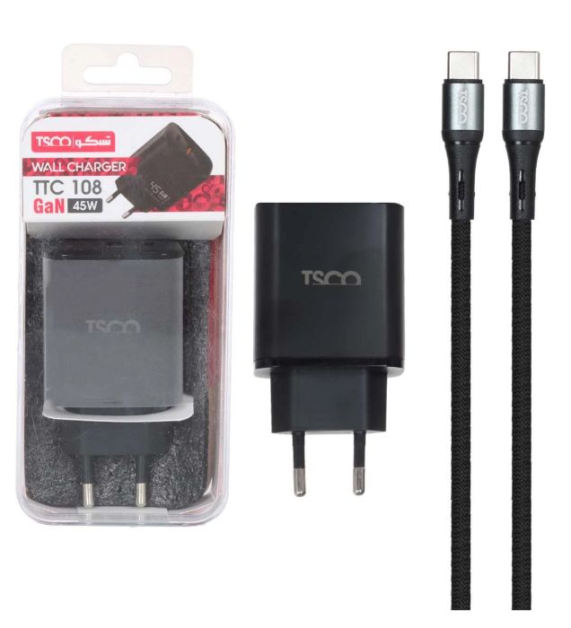 خرید شارژر دیواری 45W فست و PD دو پورت تسکو مدل TTC 108 با کابل شارژ تایپ سی به تایپ سی قیمت روز