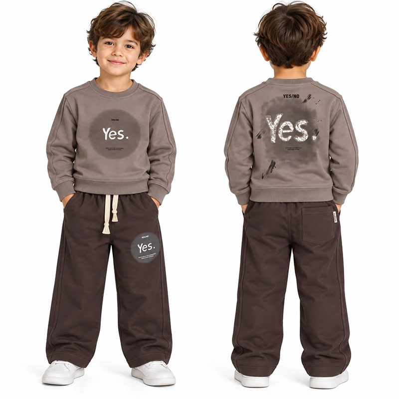 ست بلوز و شلوار 5 تا 8 سال دورس پسرانه کد 2661 طرح Yes رنگ طوسی موکا Pancho
