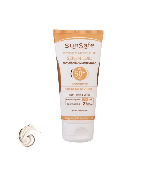 خرید کرم ضدآفتاب بی رنگ سان سیف با 50 SPF مدل Sensi Fluid مناسب پوست حساس 50 میلی لیتر قیمت روز