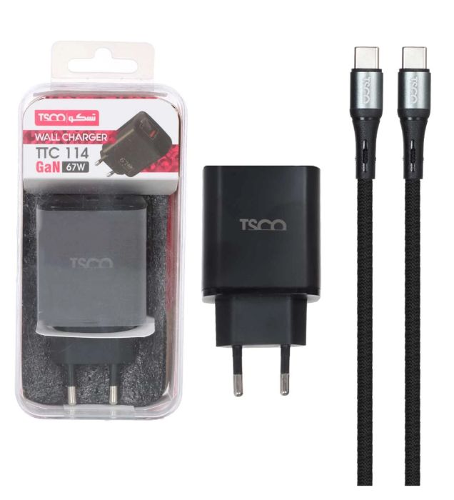 خرید شارژر دیواری 67W فست وPD دو پورت تسکو مدل TTC 114 با کابل شارژ تایپ سی به تایپ سی قیمت روز