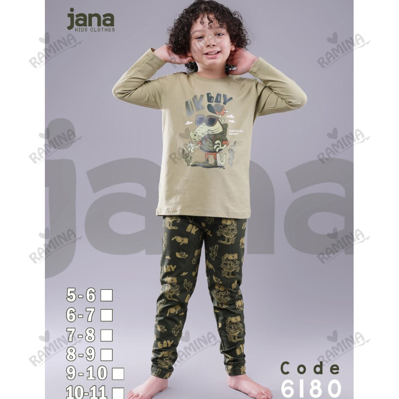 ست بلوز شلوار نخی پسرانه 5 تا 11 سال طرح دایناسور کد 6180 جانا Jana