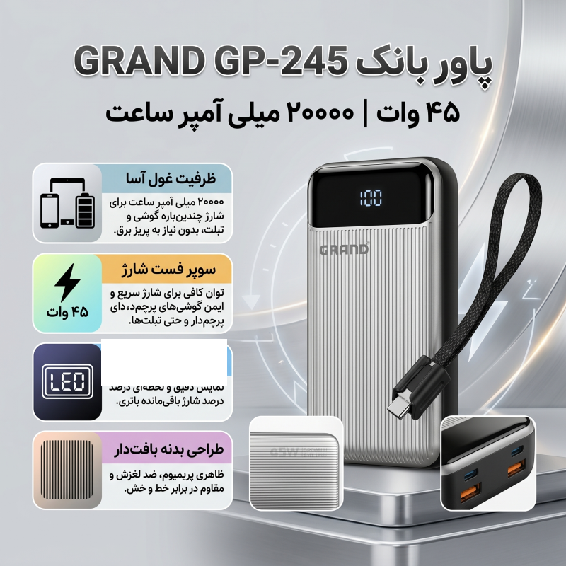پاوربانک 45 وات گرند اسکای مدل GP-245 ظرفیت 20000 میلی آمپر ساعت